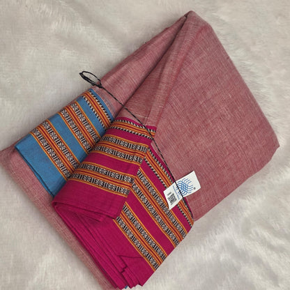 Peach-Blue Pink Ilkal handloom Patteda Anchu-Gayatri Border