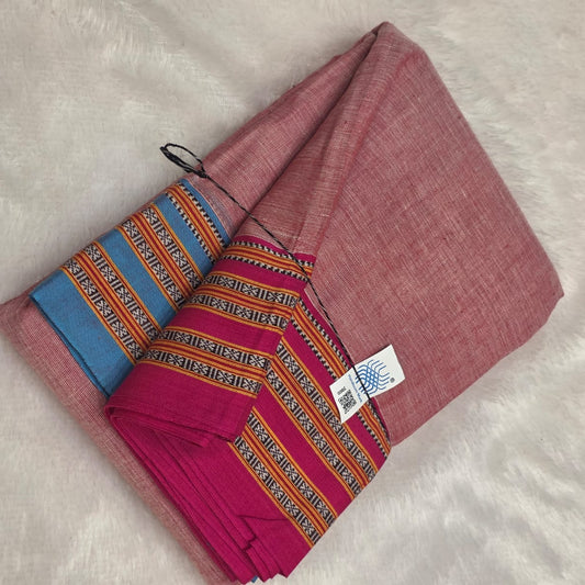 Peach-Blue Pink Ilkal handloom Patteda Anchu-Gayatri Border