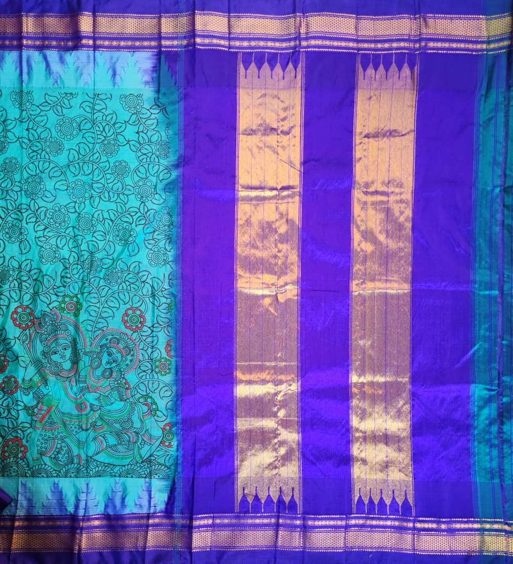 Blue Ilkal–Kalamkari floral print Fusion Saree