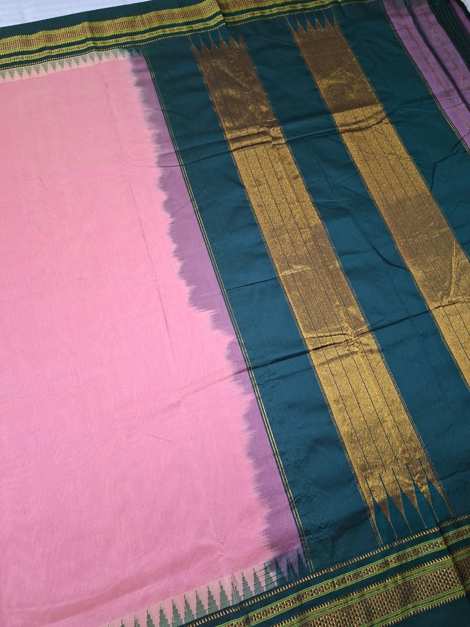 Soft Pink Mini Gadwal Ilkal Saree with Bottle Green Chikki Paras Border