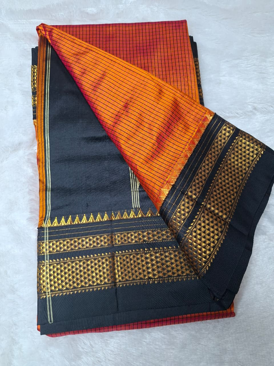 Orange -Black Ragavalli Checks- Ilkal Silk
