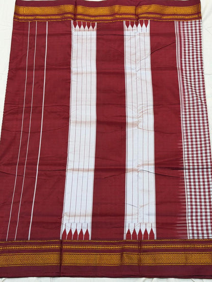 Premium Maroon & White Ilkal Mini Checks Saree with Gadwal border