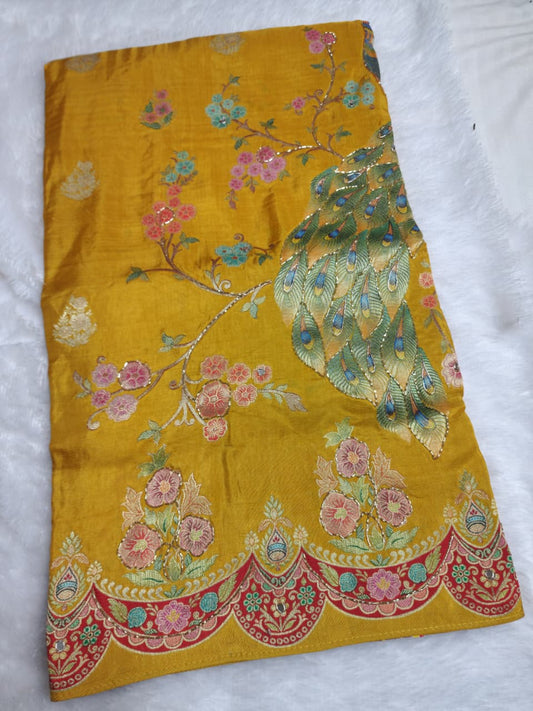 Elegant Zardosi Embroidered Silk Saree in vibrant mustard yellow base