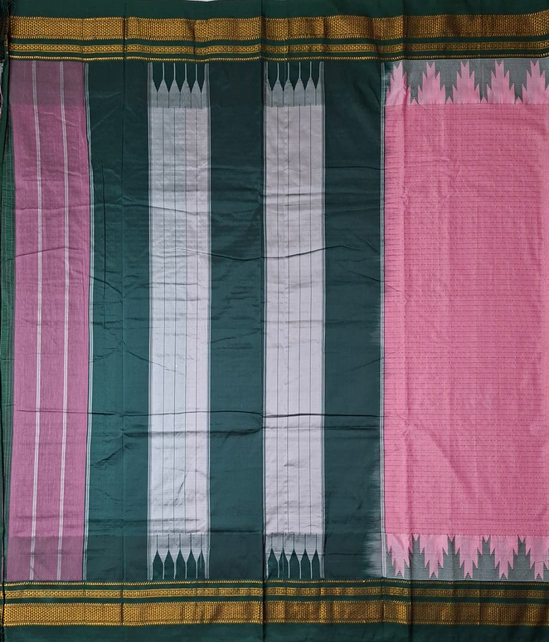 Blush Pink & Bottle Green Gadwal Chaduranga Ilkal Cotton Saree with Contrast Zari Border & Pallu