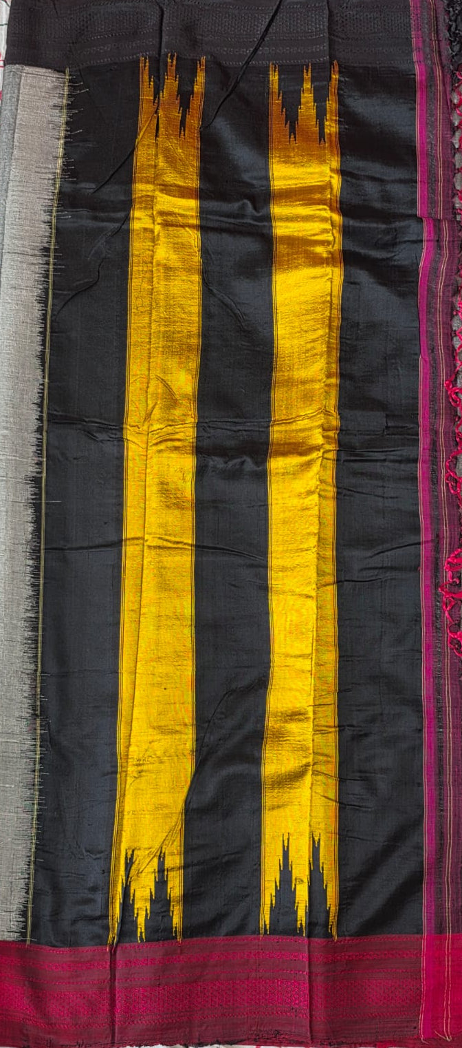 Grey-Black Pink Ilkal Viscose Handloom Saree with Silk Pallu
