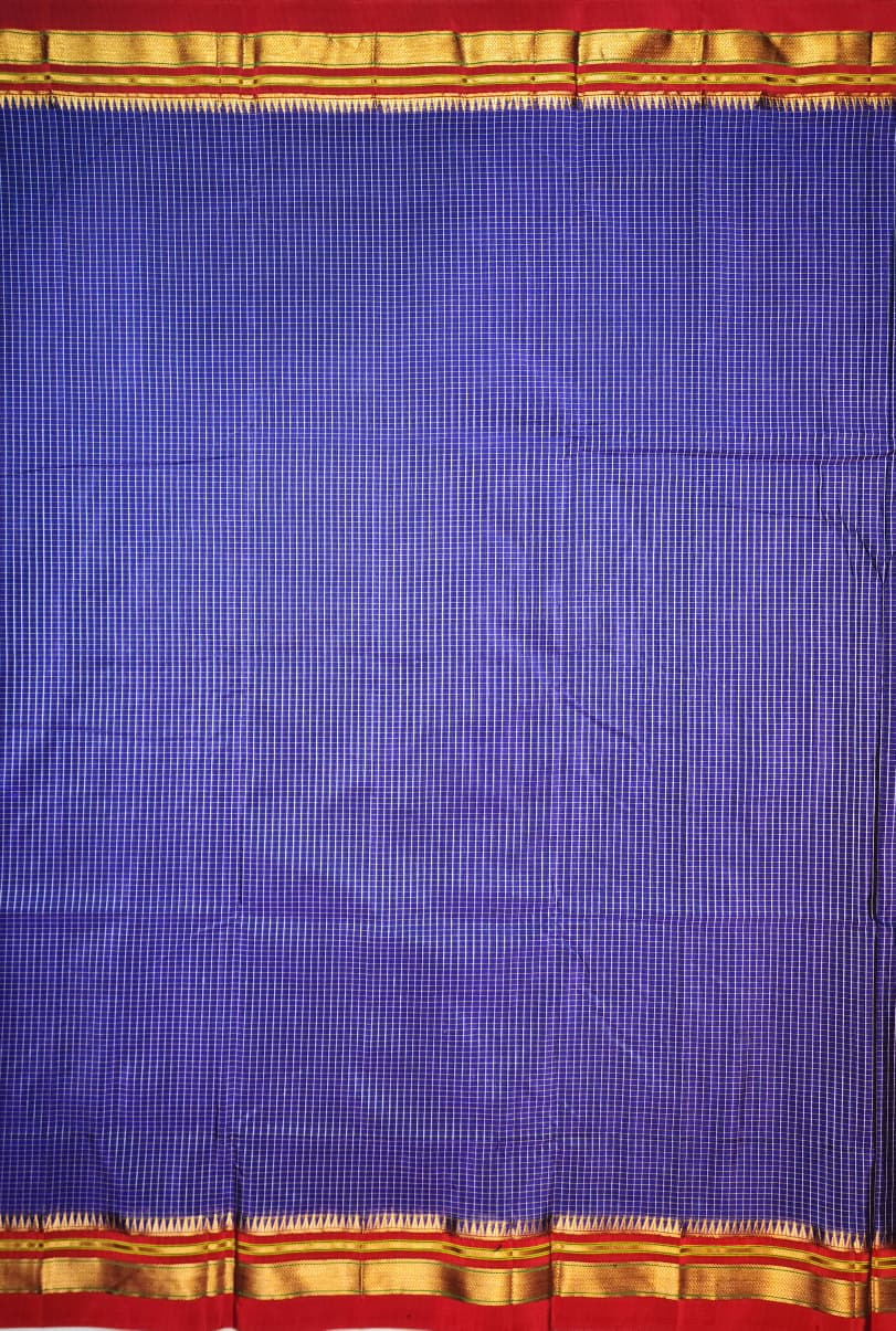 Royal Blue Ilkal Checks Cotton Saree with Thode Paras Border & Silk Pallu