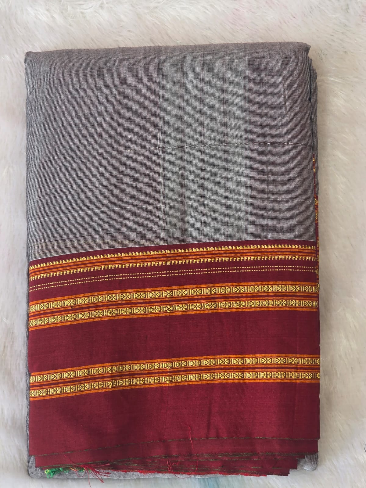 Grey-Maroon Ilkal Viscose Handloom Saree with Silk Pallu
