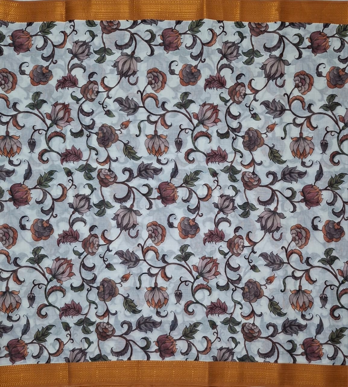 Off White Floral Cotton- flower Kalamkari Saree