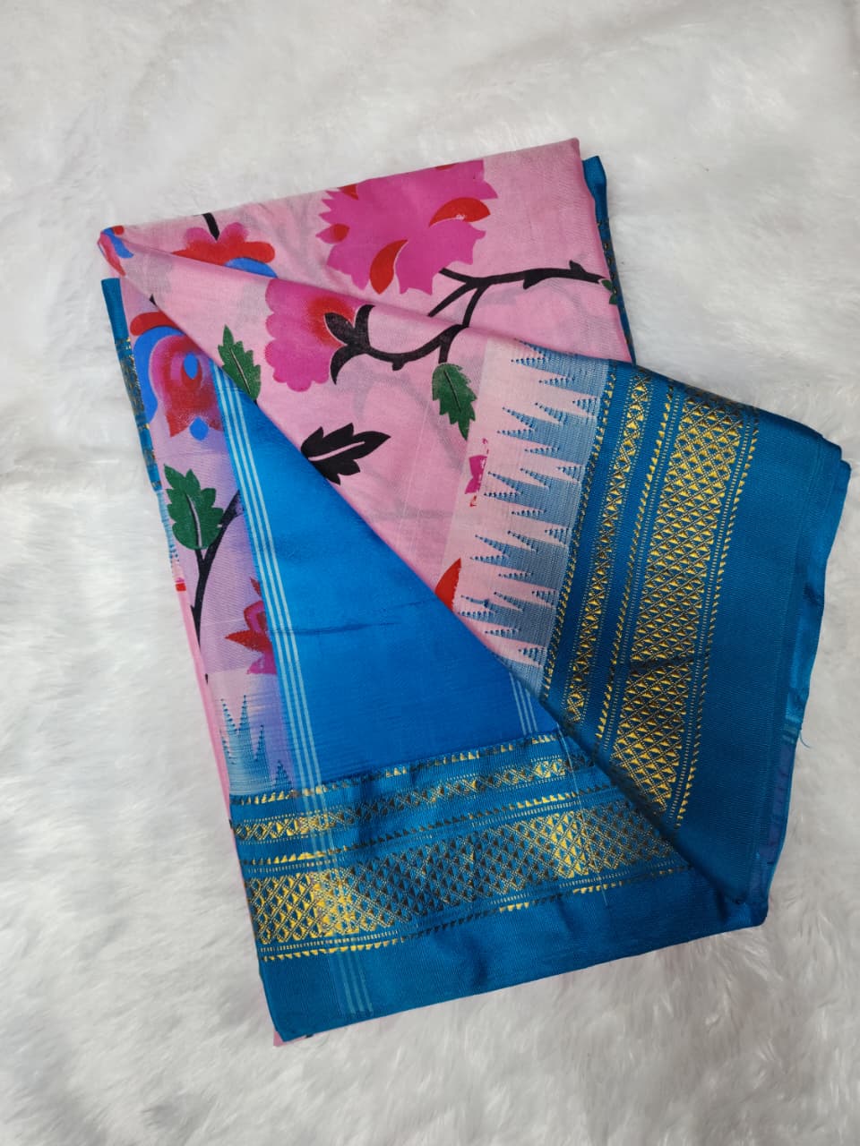 Pink Floral Ilkal–Kalamkari Fusion Saree