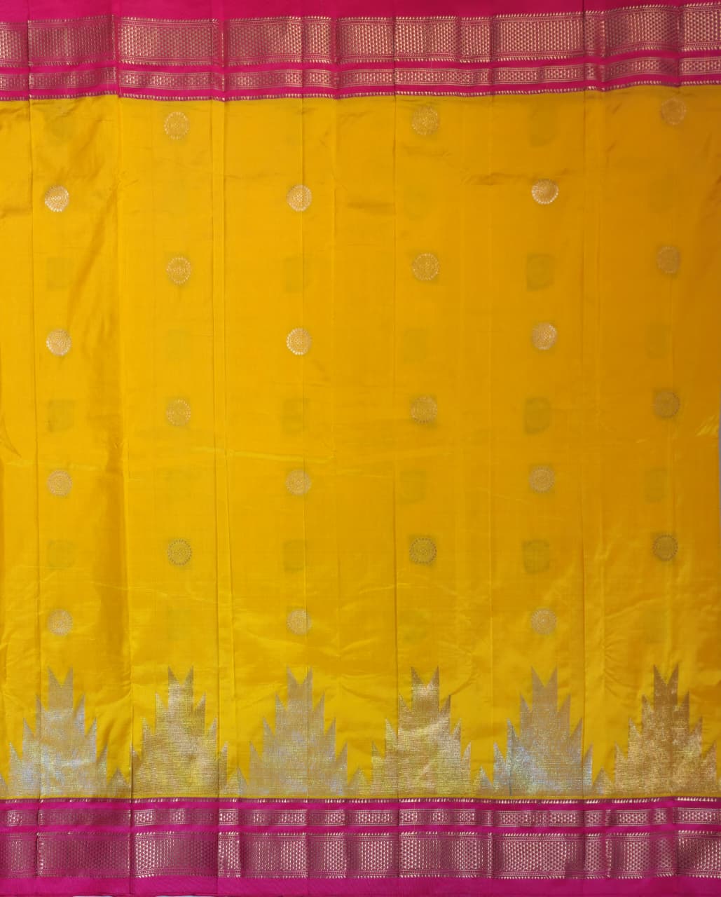 Yellow Gadwal Ilkal Silk with Two-Colour Zari Temple Tower Border