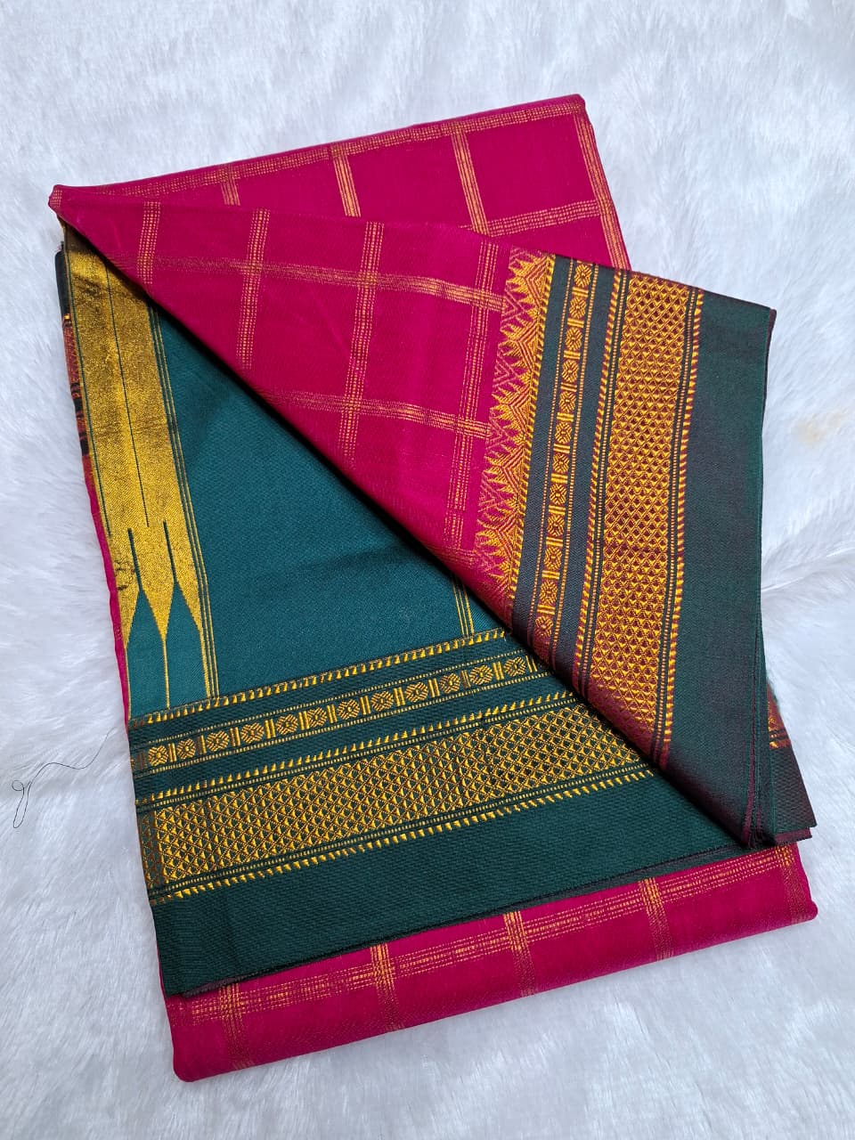 Rani Pink with Bottle Green  Big Jari Checks Ilkal Saree