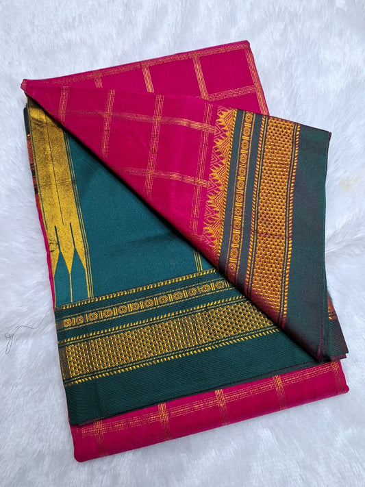 Rani Pink with Bottle Green  Big Jari Checks Ilkal Saree