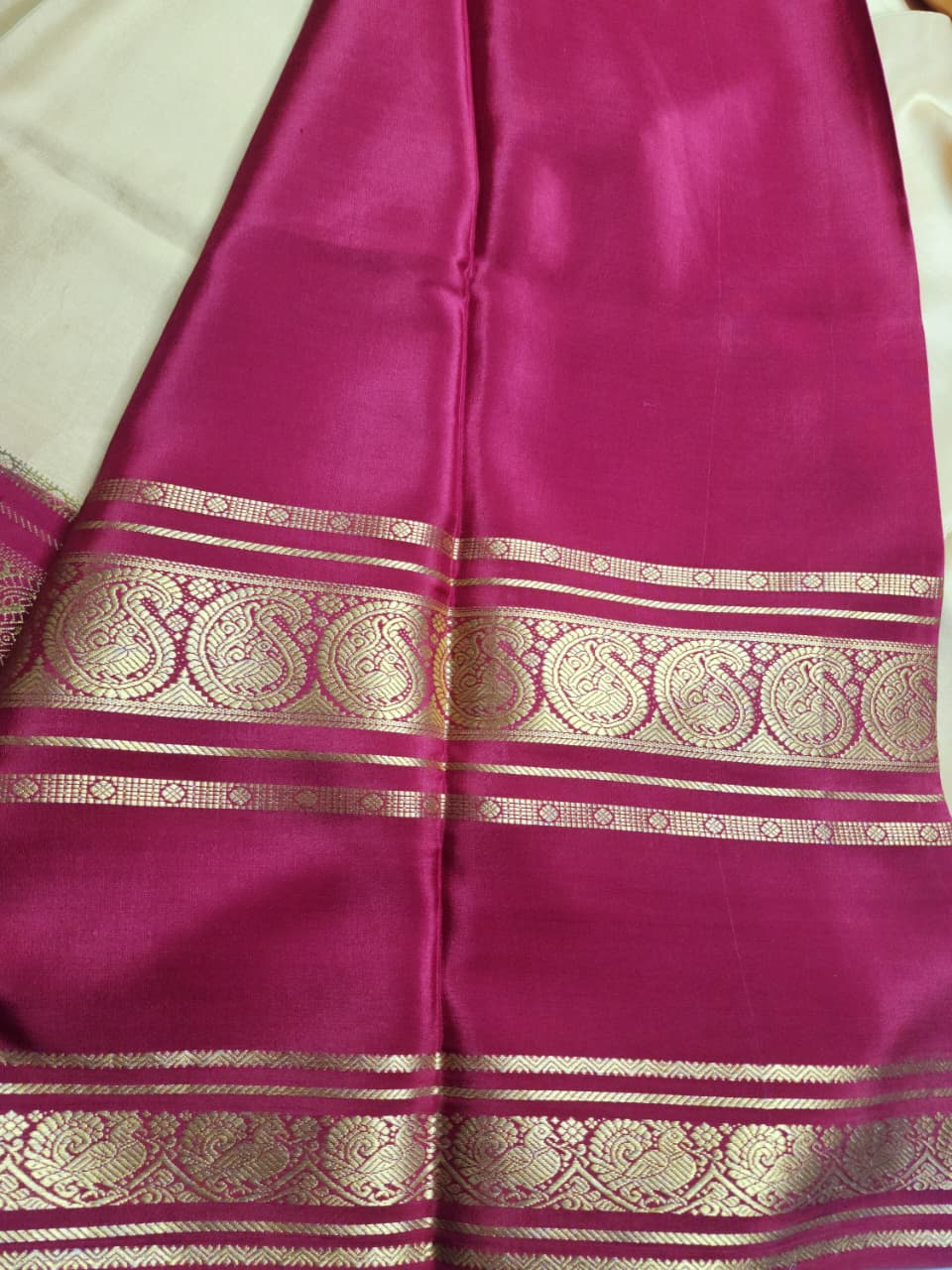 Golden Beige & Maroon Mysore Silk Saree with Zari Borders