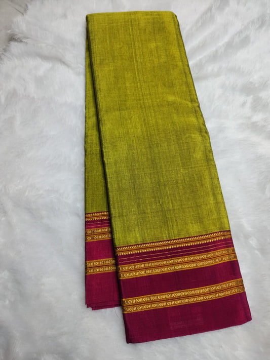 Mustard-olive Green Ilkal Cotton Handloom Saree with Gayathri Plain Border