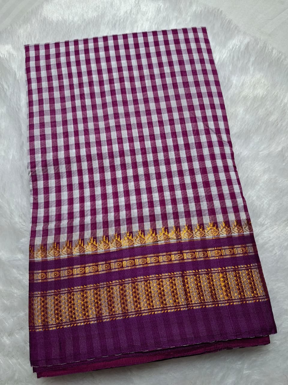 Purple & White Ilkal Mini Checks Saree
