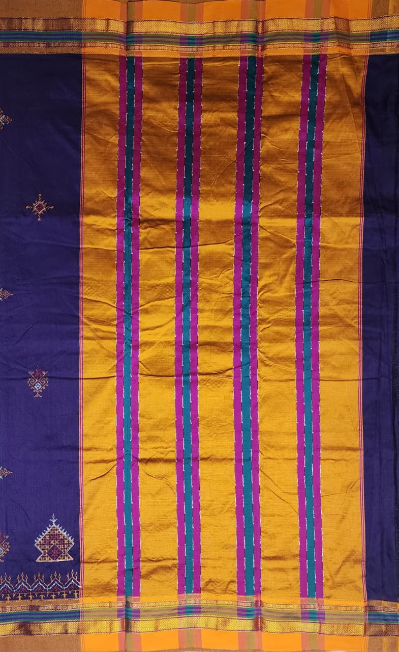 Indigo Blue Mustard  Ilkal Kasuti Cotton Saree