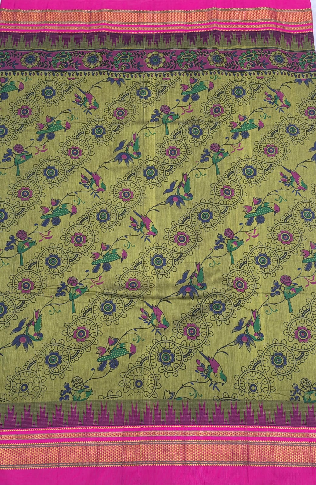 Green Kalamkari Cotton Saree with pink Zari Border
