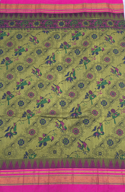 Green Kalamkari Cotton Saree with pink Zari Border