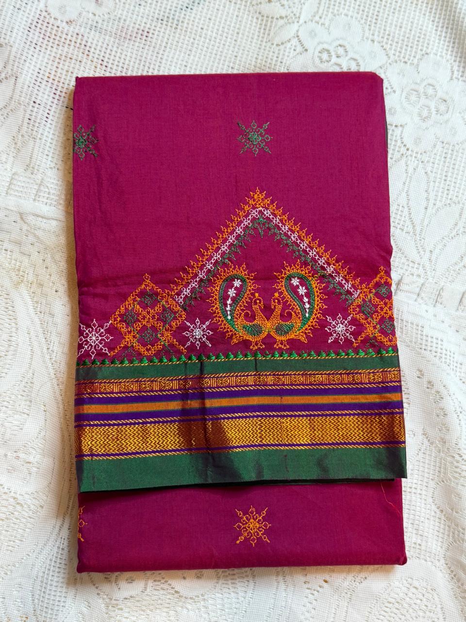 Pink kasuti saree with peacock design
