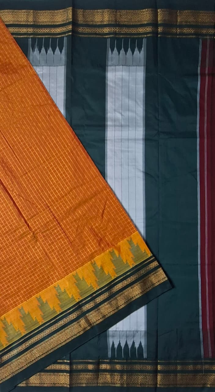 Rust Orange Gadwal Chaduranga Ilkal Cotton Saree with Contrast Zari Border & Pallu