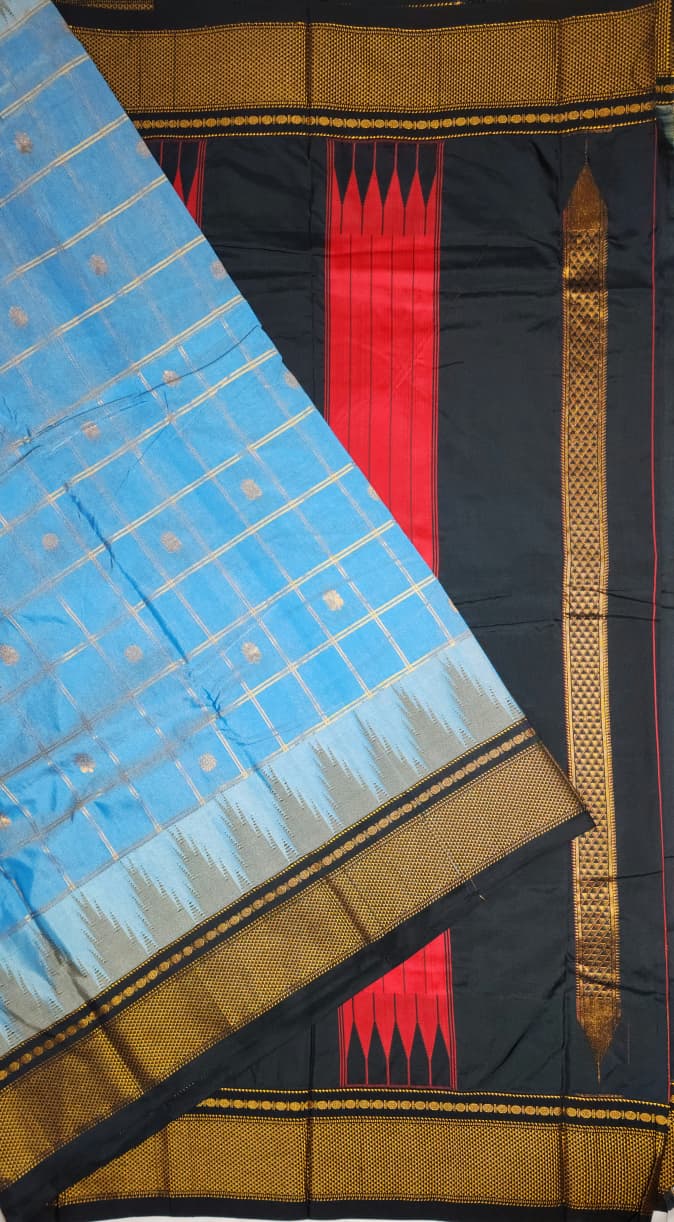 Sky Blue & Black Contrast Silk Saree