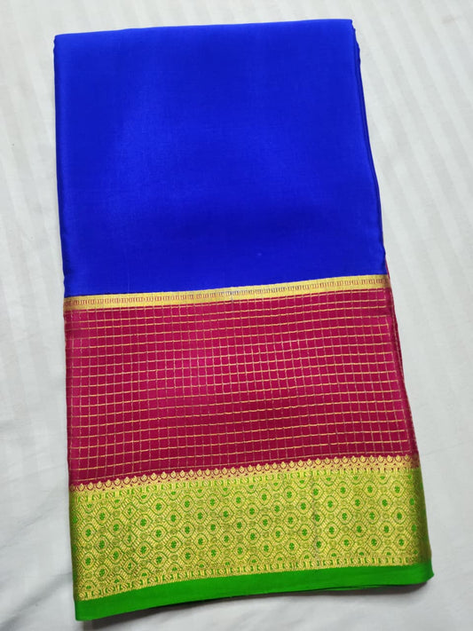 Cobalt Blue with Red-Green Contrast Mysore Silk Saree