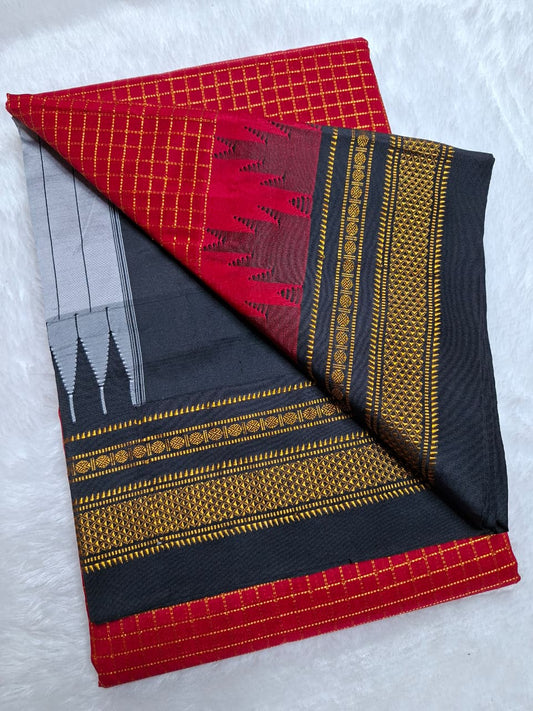 Vermilion Red Gadwal Chaduranga Ilkal Cotton Saree with Contrast Zari Border & Pallu