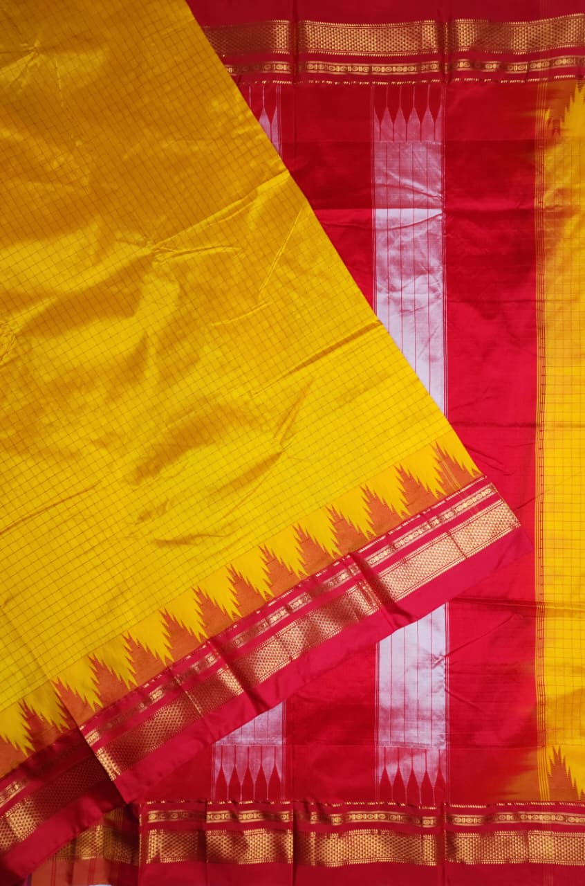 Chaduranga Yellow–Red Ilkal Semi-Silk Saree with Temple Border