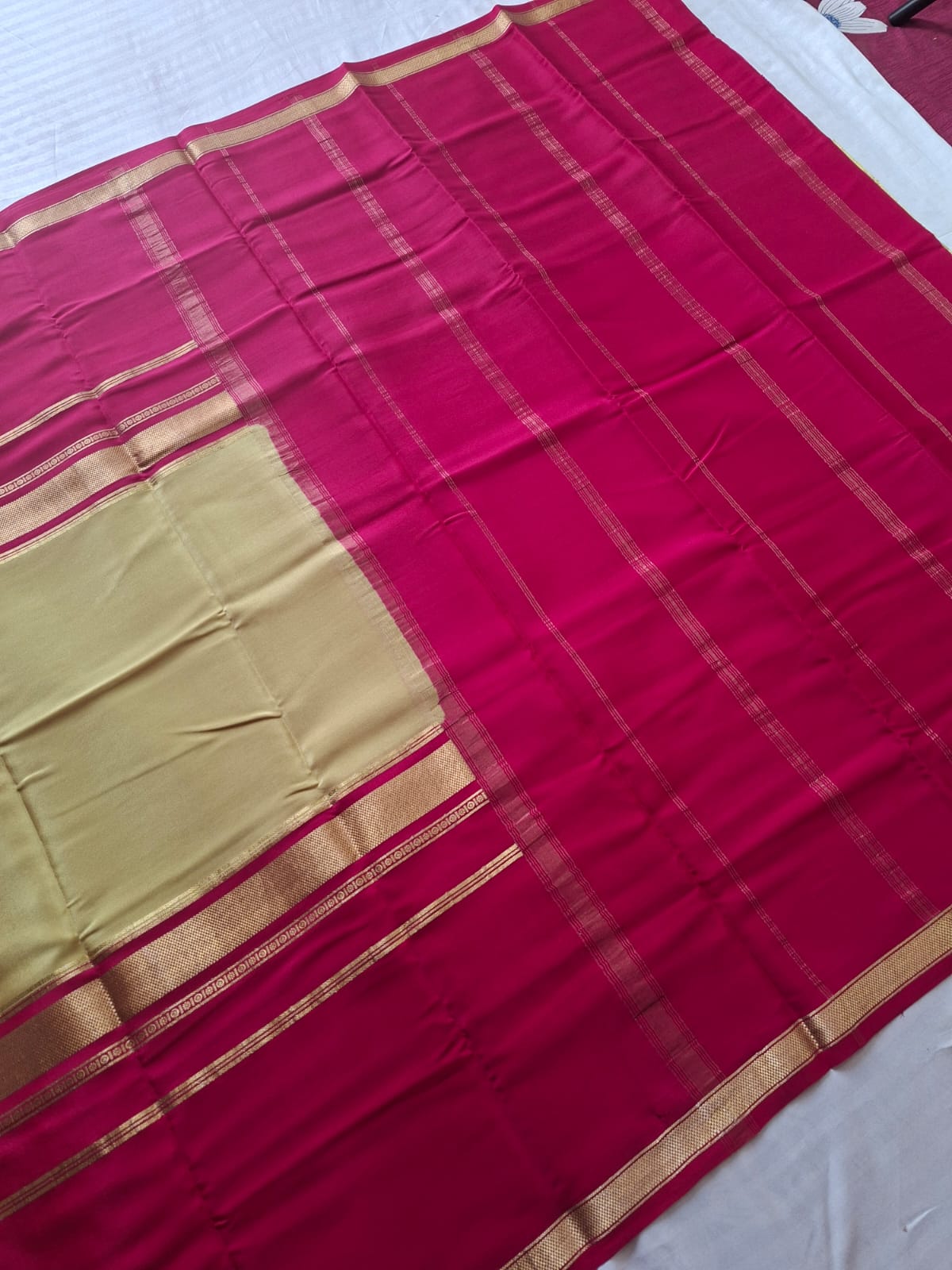 gold-pink mysore crepe pure silk with classic zari border