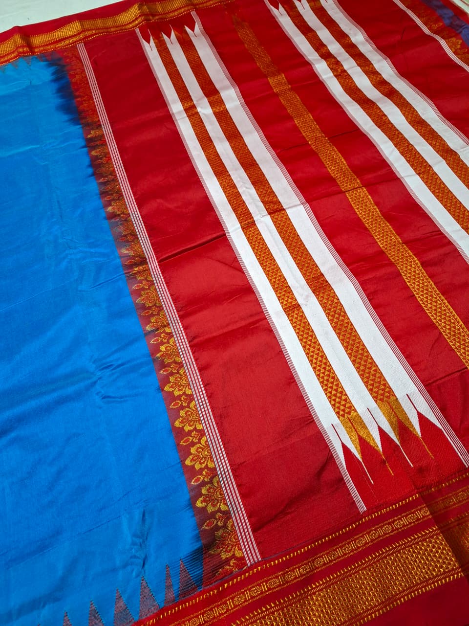 Turquoise Blue Ilkal Viscose Silk Saree with Vermilion Red Chikki Paras Border