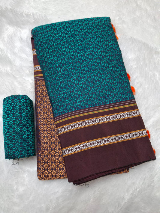 peacock blue brown Ilkal Khun 3D Saree