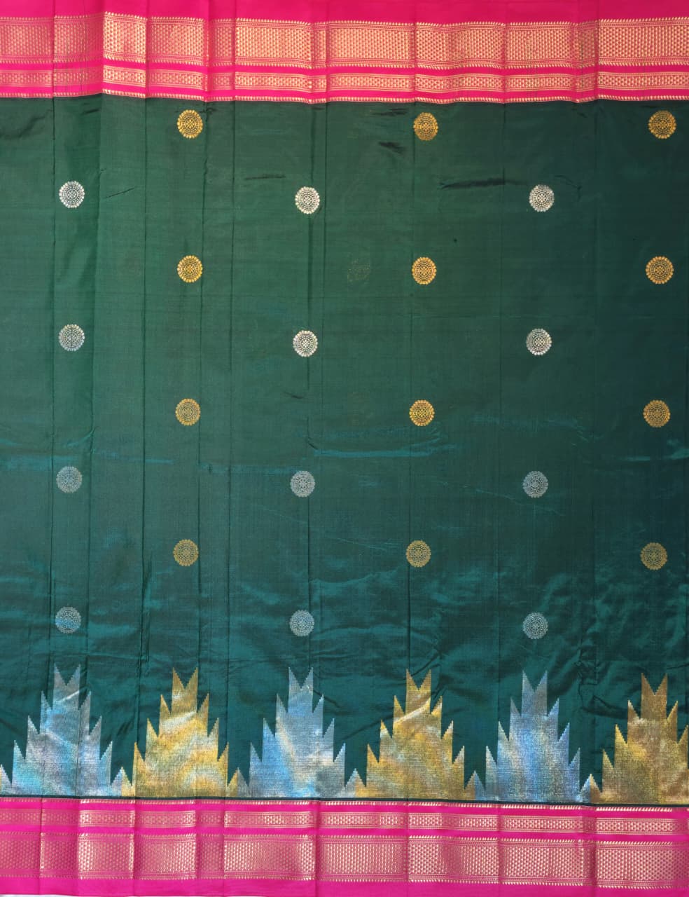 Bottle Green Gadwal Ilkal Silk with Two-Colour Zari Temple Tower Border