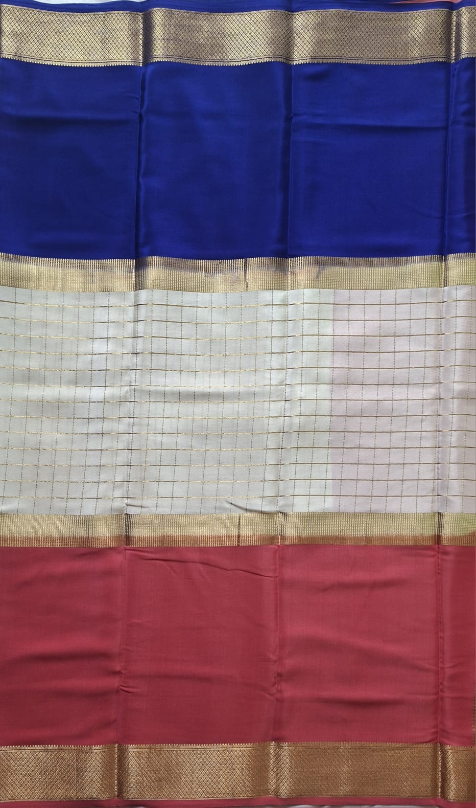 Royal Contrast Pure Mysore Silk Saree with Zari Checks & Heritage Border