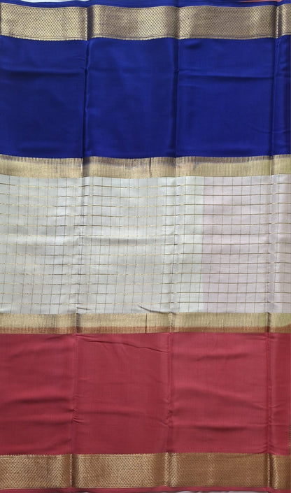 Royal Contrast Pure Mysore Silk Saree with Zari Checks & Heritage Border