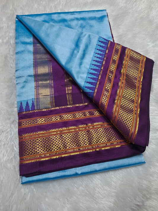 Blue-Purple Gadwal Ilkal Pure Silk Saree with small temple borer