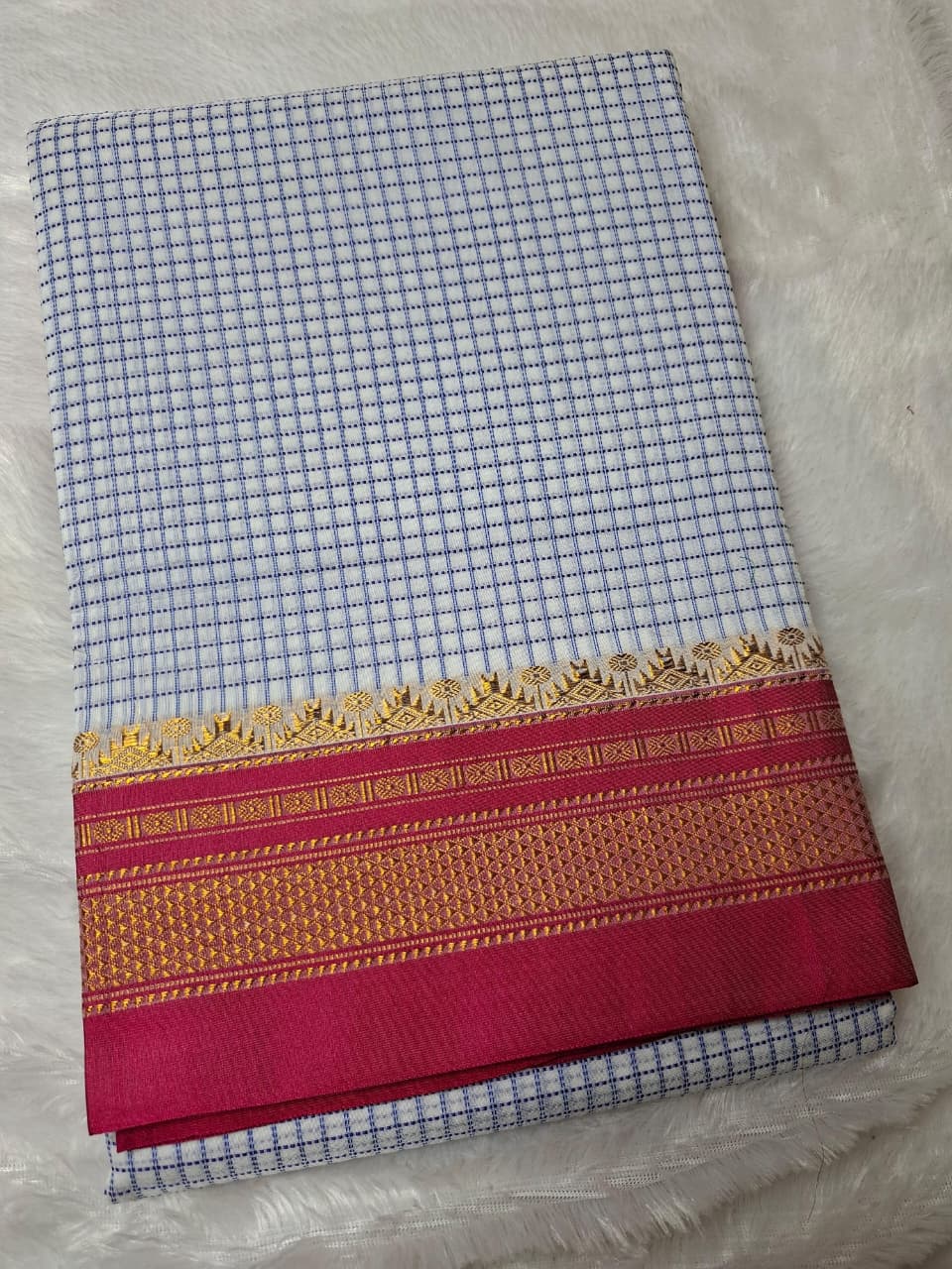 Pearl White thread chaduranga Ilkal with Gadwal Rani Pink Border