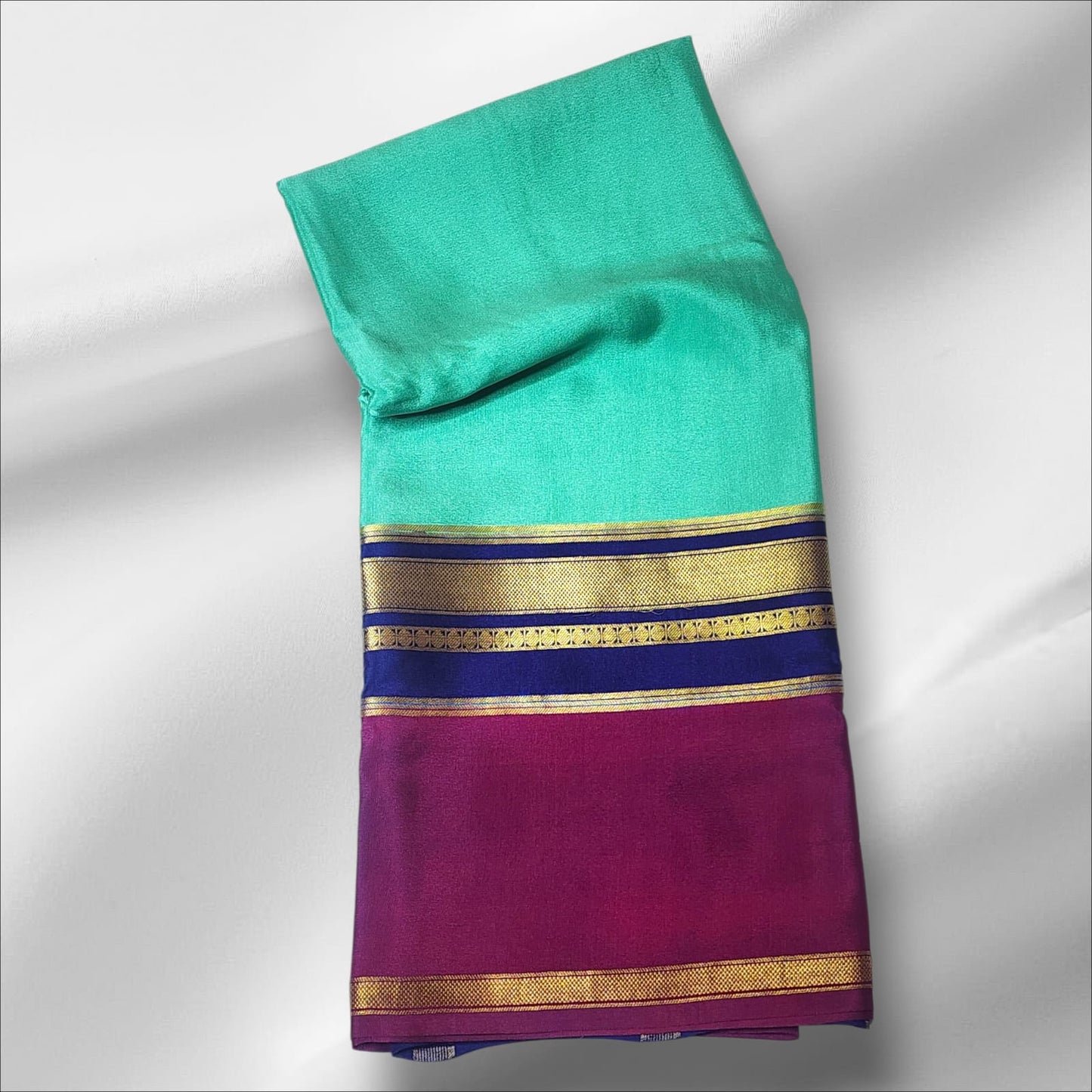 Mysore Silk Saree in Light Green, Navy & Maroon with Elegant Zari Detailing