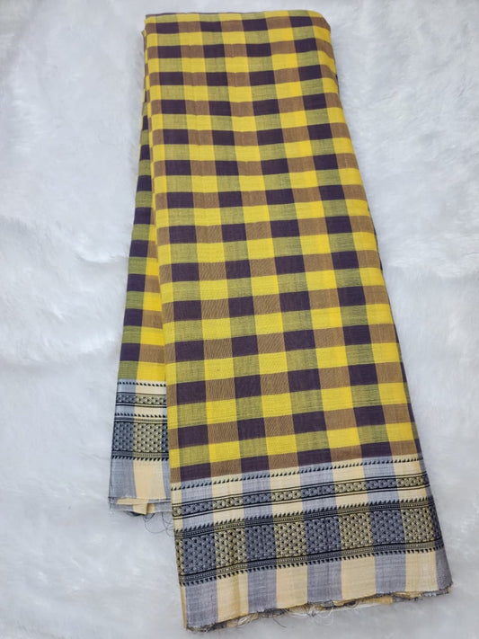 Mustard Yellow Ilkal Cotton Handloom Checks Saree