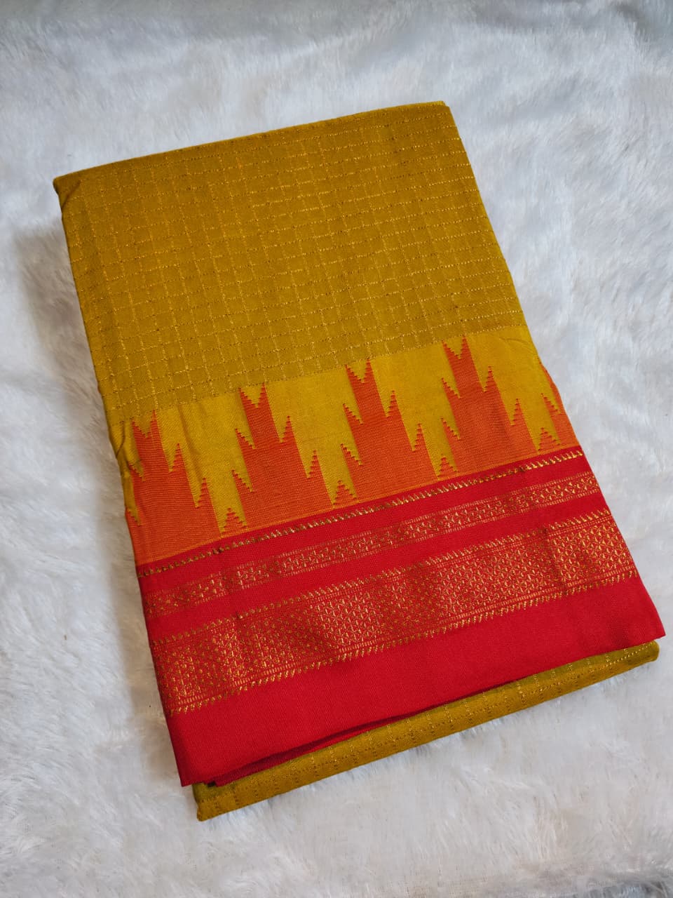 Mustard-Yellow Gadwal Chaduranga Ilkal Cotton Saree with Contrast Zari Border & Pallu