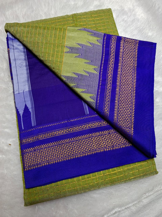 Parrot Green Gadwal Chaduranga Ilkal Cotton Saree with Contrast Zari Border & Pallu