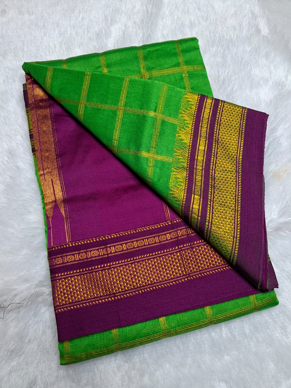 Parrot Green & Purple  Big Jari Checks Ilkal Saree