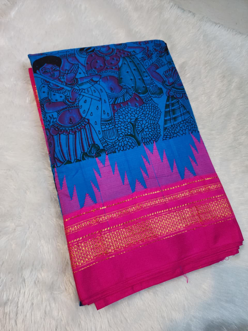 Blue Kalamkari Cotton Saree with Pink Ilkal-Inspired Border
