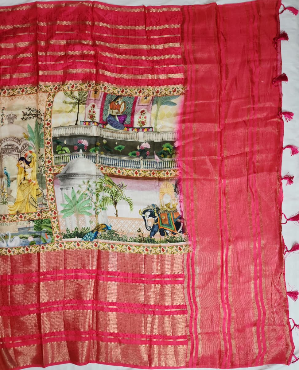 Cream colour Semi Mysore Silk 3D Print Kalamkari Saree