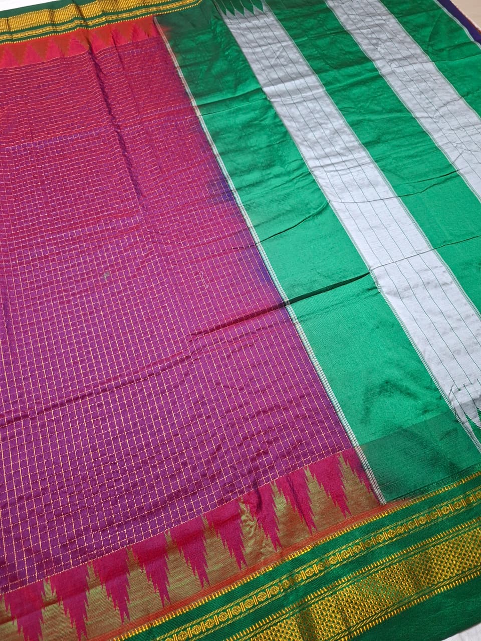 Magenta & Emerald Green Jari Chadarang Ilkal Saree