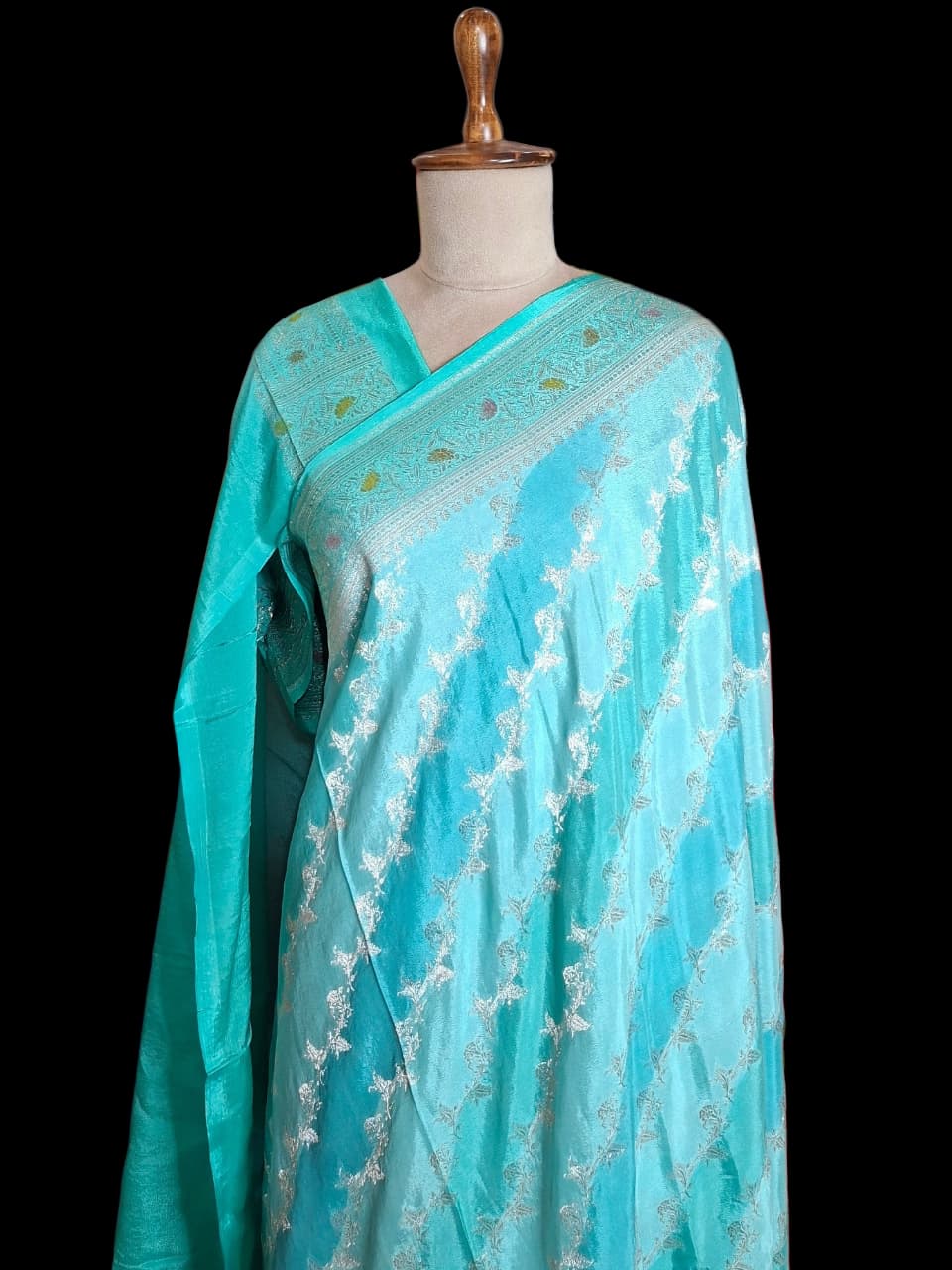Blue Shaded Banarasi Silk Saree with Silver Floral Vine Zari Weaves