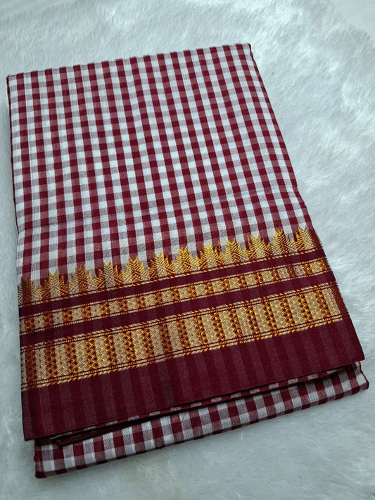 Maroon & White Ilkal Mini Checks Saree