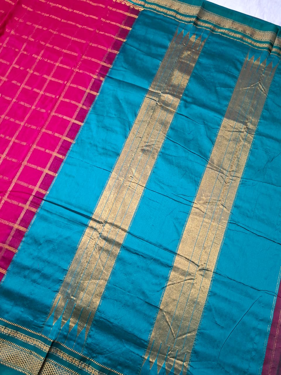 Rani Pink with Bottle Green  Big Jari Checks Ilkal Saree