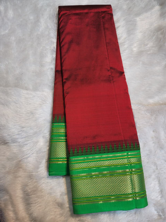 Wine–Maroon Gadwal Ilkal Pure Silk Saree with Small Regular Temple Border