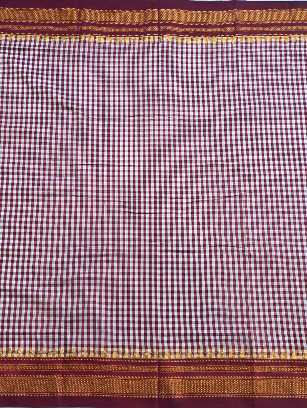 maroon and White Ilkal mini Checks Saree with Rich Pallu