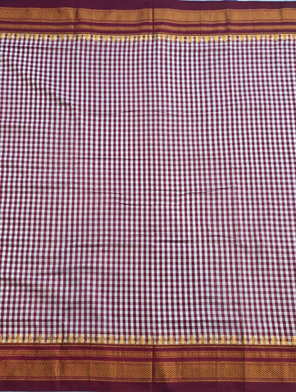 maroon and White Ilkal mini Checks Saree with Rich Pallu